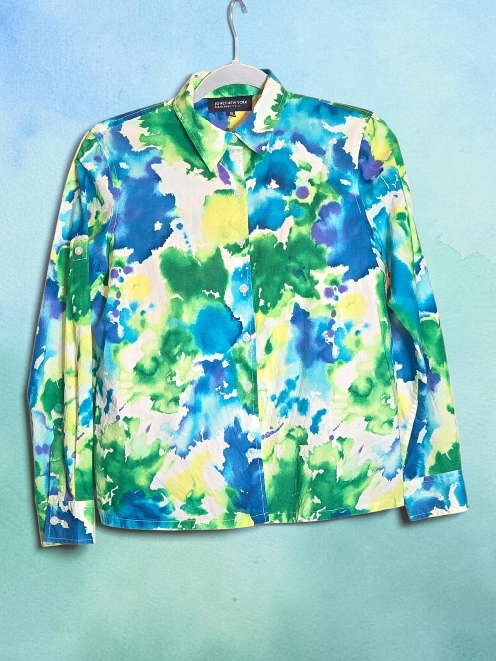 Jones New York Signature Petite Tie-Dye Button-Up Shirt - Blue, Green & Yellow